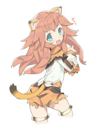 Rule 34 | 1girl, :3, animal ears, animal print, aqua eyes, blush, farfalia, farfalla, from behind, gao, lion ears, lion tail, lo xueming, long hair, looking back, pink hair, pop-up story, simple background, skirt, solo, tail, tiger print, white background