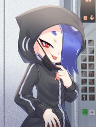 Rule 34 | 1girl, :p, amakusa setoka, arrow (symbol), asymmetrical hair, black hoodie, black mask, blue hair, blush, cephalopod eyes, closed mouth, commentary request, earrings, elevator, eyeliner, hair over one eye, hand up, highres, hood, hood up, hoodie, indoors, jewelry, long sleeves, looking at viewer, makeup, mask, mask pull, medium hair, mouth mask, nintendo, one eye covered, pocket, red eyeliner, red eyes, shiver (splatoon), short eyebrows, smile, solo, splatoon (series), splatoon 3, suction cups, tentacle hair, thumb in pocket, tongue, tongue out, zipper