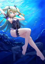 Rule 34 | 1girl, :d, absurdres, adjusting eyepatch, alternate costume, armlet, armpits, barefoot, black one-piece swimsuit, breasts, cleavage, collarbone, commentary request, eyepatch, fischl (genshin impact), fish, genshin impact, grin, hair between eyes, hair ornament, heterochromia, highres, light brown hair, long hair, looking at viewer, ocean, one-piece swimsuit, open mouth, scrunchie, sidelocks, skym (kumei), sleeveless, smile, solo, submerged, swimsuit, thighlet, thighs, two side up, underwater, wrist scrunchie