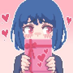 Rule 34 | 1girl, averting eyes, blue hair, blush, box, commentary, covering own mouth, english commentary, furrowed brow, gift, gift box, hcnone, heart, holding, holding gift, original, pixel art, red eyes, short hair, shy, simple background, skye (hcnone), solo, upper body, valentine