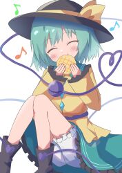 Rule 34 | 1girl, absurdres, black hat, bloomers, bread, closed eyes, commentary request, eating, facing viewer, food, green skirt, hat, hat ribbon, heart, heart of string, high meron, highres, holding, holding food, komeiji koishi, long sleeves, melon bread, musical note, ribbon, shirt, simple background, skirt, solo, third eye, touhou, underwear, white background, yellow ribbon, yellow shirt