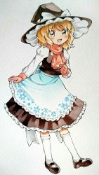 Rule 34 | 1girl, absurdres, apron, black footwear, black hat, black skirt, blonde hair, bow, commentary request, full body, gloves, hat, hat bow, highres, kirisame marisa, kneehighs, looking at viewer, mary janes, partial commentary, sasa kichi, scan, scarf, shoes, skirt, skirt set, smile, socks, solo, standing, touhou, vest, waist apron, white bow, white socks, witch hat, yellow eyes