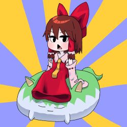 Rule 34 | 1girl, black eyes, blue background, blush, bow, brown hair, collared dress, cookie (touhou), daiyousei, detached sleeves, diyusi (cookie), dress, flat chest, frilled hair tubes, frills, full body, hair bow, hair tubes, hakurei reimu, highres, looking at viewer, mini person, minigirl, neckerchief, open mouth, psychic parrot, red bow, red dress, ribbon-trimmed sleeves, ribbon trim, sakenomi (cookie), short hair, sidelocks, sitting, sleeveless, sleeveless dress, solo, sukusuku hakutaku, sunburst, sunburst background, touhou, triangle mouth, two-tone background, white sleeves, wide sleeves, yellow background, yellow neckerchief