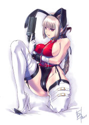 Rule 34 | 1girl, :p, animal ears, bare shoulders, blonde hair, boots, breasts, covered erect nipples, dated, fake animal ears, fate/grand order, fate (series), florence nightingale (fate), gloves, gun, handgun, high heel boots, high heels, highres, kneeling, large breasts, leotard, long hair, looking at viewer, nenchi, on one knee, playboy bunny, rabbit ears, red eyes, revolver, sideboob, signature, solo, thick thighs, thigh boots, thighhighs, thighs, tongue, tongue out, very long hair, weapon, white gloves