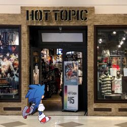 Rule 34 | 1boy, animal ears, blue fur, body fur, boku no hero academia, cherrifire, commentary, english commentary, from behind, furry, furry male, gloves, hedgehog boy, hot topic, male focus, meme, photo background, red footwear, shoes, shop, short tail, solo, sonic (series), sonic characters walking into stores (meme), sonic the hedgehog, storefront, tail, walking, white gloves