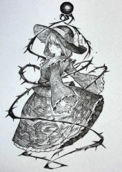 Rule 34 | 1girl, blush, bow, flower, from side, greyscale, hat, hat bow, hat flower, highres, komeiji koishi, long sleeves, looking at viewer, mashimashi, monochrome, parted lips, short hair, skirt, solo, third eye, thorns, touhou, traditional media, wide sleeves