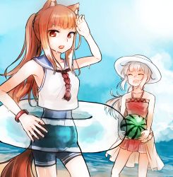 Rule 34 | 2girls, animal ears, blue sailor collar, blue sky, bodysuit, braid, brown eyes, brown hair, closed eyes, collarbone, day, diving suit, dress, floating hair, food, fruit, halterneck, hat, holding, holo, innertube, long hair, looking at viewer, mayumura basako, mother and daughter, multiple girls, myuri (spice and wolf), open mouth, outdoors, pink dress, ponytail, sailor collar, shirt, short dress, short shorts, shorts, silver hair, sky, sleeveless, sleeveless dress, sleeveless shirt, spice and wolf, summer, sun hat, swim ring, tail, very long hair, watermelon, wetsuit, white hat, white shirt, wolf ears, wolf tail