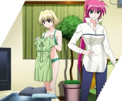 Rule 34 | 00s, 2girls, blonde hair, blue eyes, bra, collarbone, dress, dressing, green bra, green dress, green panties, highres, lace, lace-trimmed bra, lace-trimmed panties, lace trim, lingerie, lyrical nanoha, mahou shoujo lyrical nanoha, mahou shoujo lyrical nanoha a&#039;s, multiple girls, panties, purple eyes, purple hair, screencap, shamal, signum, stitched, third-party edit, underwear