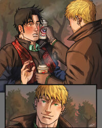 Rule 34 | 2boys, 2koma, bad id, bad tumblr id, bara, black hair, blonde hair, blush, brown coat, coat, coffee cup, comic, couple, cris art, cup, cup to cheek, disposable cup, ear piercing, green eyes, hulkling, layered shirt, long sideburns, male focus, marvel, multiple boys, piercing, red scarf, scarf, short hair, sideburns, smile, thick eyebrows, upper body, wiccan, wide-eyed, winter clothes, yaoi
