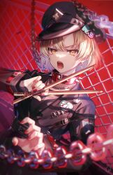Rule 34 | 1girl, bang dream!, black dress, black headwear, blonde hair, chain, chain necklace, collar, dress, drumsticks, hat, highres, holding, holding drumsticks, jewelry, long sleeves, military hat, necklace, nurumi p, red nails, sato masuki, short hair, spiked collar, spikes, yellow eyes