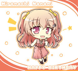 Rule 34 | 1girl, :d, bang dream!, belt, black footwear, blush, brown belt, cat hair ornament, character name, commentary request, dress, full body, hair between eyes, hair ornament, hair ribbon, hand up, happy birthday, highres, hiromachi nanami, jewelry, long hair, long sleeves, looking at viewer, necklace, notice lines, open mouth, orange background, outline, pink dress, pink eyes, pink hair, ribbon, shirt, shoes, sidelocks, smile, solo, standing, teen (teen629), two side up, white background, white shirt, yellow ribbon