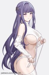 Rule 34 | 1girl, :t, absurdres, ass, blunt bangs, breasts, chinoa, detached sleeves, fern (sousou no frieren), frieren, from side, hair ornament, heart, heart in eye, highres, large breasts, long hair, looking at viewer, meme attire, panties, patreon username, pout, purple eyes, purple hair, raised eyebrows, revealing clothes, ribbed sweater, simple background, solo, sousou no frieren, sweater, symbol in eye, thighhighs, turtleneck, turtleneck sweater, underboob, underwear, very long hair, virgin destroyer sweater, watermark, web address, white panties, white thighhighs