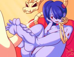 Rule 34 | 1girl, ass, barefoot, doctor cursed, feet, footjob, penis, skullgirls, soles, solo, squigly (skullgirls), toes, uncensored