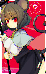 Rule 34 | 1girl, ?, animal ears, black skirt, black vest, capelet, commentary request, cowboy shot, dowsing rod, fua yuu, grey hair, highres, holding, long sleeves, looking at viewer, mouse ears, mouse tail, nazrin, red background, red eyes, shirt, short hair, signature, skirt, solo, spoken question mark, tail, touhou, vest, white shirt