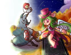 Rule 34 | 1girl, 2boys, animal ears, breasts, gloves, green hair, hat, heart (mad rat dead), hole on body, leotard, mad rat, mad rat dead, mouse (animal), mouse ears, mouse girl, mouse tail, multiple boys, nintendo switch, nippon ichi, rat god, red eyes, tail, tearing up, tie clip, top hat, wings, wrist cuffs