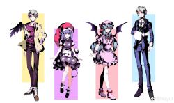 2boys 2girls bat_wings black_capelet black_footwear blue_hair blue_jacket blue_pants brown_eyes brown_footwear capelet commentary_request doremy_sweet frilled_skirt frills full_body genderswap genderswap_(ftm) grey_hair hat hat_ribbon head_wings izayoi_sakuya jacket kishin_sagume long_hair mob_cap multicolored_background multiple_boys multiple_girls nightcap nymphus pants pink_eyes pink_footwear pink_hat pink_skirt pom_pom_(clothes) purple_eyes purple_hair purple_shirt remilia_scarlet ribbon shirt short_hair short_sleeves single_head_wing skirt socks tail thighhighs touhou white_socks white_thighhighs wings