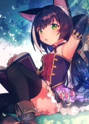 Rule 34 | 1girl, :o, animal ear fluff, animal ears, arm behind head, arm up, armpits, bare shoulders, black hair, black sleeves, black thighhighs, blush, book, boots, bow, breasts, brown footwear, cat ears, cat girl, cat tail, commentary request, day, detached sleeves, feet out of frame, frilled skirt, frills, green eyes, hair between eyes, hair bow, ichihaya, karyl (princess connect!), long hair, long sleeves, looking at viewer, low twintails, medium breasts, multicolored hair, open book, outdoors, panties, parted lips, pink bow, princess connect!, purple skirt, shirt, skirt, sleeveless, sleeveless shirt, solo, streaked hair, tail, thighhighs, thighhighs under boots, tree, twintails, underwear, very long hair, white hair, white panties, white shirt
