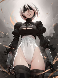 Rule 34 | 1girl, black blindfold, black gloves, black hairband, blindfold, boots, breasts, cleavage, cleavage cutout, clothing cutout, covered eyes, covered navel, cowboy shot, crop top, feather-trimmed sleeves, gloves, grey hair, hairband, highleg, highleg leotard, holding, holding sword, holding weapon, juliet sleeves, katana, leotard, lips, long sleeves, medium breasts, nier (series), nier:automata, no mole, no pants, puffy sleeves, short hair, narrow waist, smoke, smokestack, solo, sword, thigh boots, thigh gap, thighhighs, thighhighs under boots, vambraces, vashperado, virtuous contract, walking, weapon, white leotard, 2b (nier:automata)