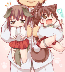 Rule 34 | 10s, 1boy, 2girls, admiral (kancolle), animal ears, antennae, barefoot, brown eyes, brown hair, bug, butterfly, carrying, child, dog ears, dog tail, fang, flower, hair flower, hair ornament, bug, kantai collection, kemonomimi mode, kuroneko liger, long sleeves, military, military uniform, multiple girls, open mouth, panties, pants, paw print, personification, pout, shirt, skirt, taihou (kancolle), tail, underwear, uniform, yamato (kancolle), aged down