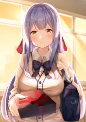 Rule 34 | 1girl, backlighting, bag, black bow, black bowtie, blurry, blush, bow, bowtie, box, breasts, brown cardigan, buttons, cardigan, closed mouth, collared shirt, commentary request, cross hair ornament, depth of field, gabriel dropout, gift, gift box, hair ornament, hair ribbon, hand up, highres, holding, holding box, indoors, large breasts, long hair, long sleeves, looking at viewer, outstretched hand, raphiel shiraha ainsworth, red ribbon, ribbon, school bag, school uniform, shiero., shirt, sidelocks, silver hair, smile, solo, standing, undershirt, upper body, valentine, white shirt, yellow eyes