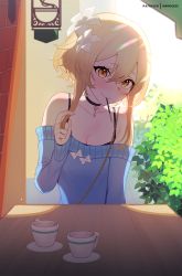 Rule 34 | 1girl, arm up, artist name, bare shoulders, blonde hair, blue sweater, blush, breasts, cafe, choker, cleavage, collarbone, cup, flower, food, genshin impact, hair between eyes, hair flower, hair ornament, highres, jewelry, key, key necklace, light rays, long sleeves, lumine (genshin impact), mouth hold, nanoless, necklace, off-shoulder sweater, off shoulder, outdoors, playing with own hair, pocky, short hair with long locks, small breasts, sunlight, sweater, teacup, upper body, watermark, white flower, yellow eyes
