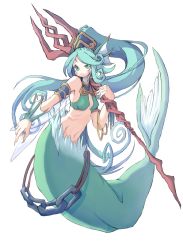 Rule 34 | 1girl, 4138, blue hair, female focus, fins, full body, head fins, highres, long hair, mermaid, monster girl, original, polearm, ponytail, simple background, solo, trident, weapon, white background