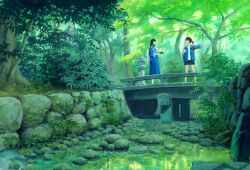 Rule 34 | 2girls, backpack, bag, black hair, blue dress, blue eyes, blue jacket, book, bridge, day, dress, forest, grass, highres, holding, holding book, jacket, kyoto, long hair, looking at another, moss, multiple girls, nature, original, outdoors, plant, pointing, ponytail, rock, sawitou mizuki, scenery, shorts, stone lantern, stream, traditional media, tree, tree shade, water
