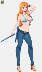 Rule 34 | 1girl, absurdres, bikini, bikini top only, breasts, cleavage, denim, high heels, highres, jeans, kyoffie, large breasts, lips, lipstick, long hair, makeup, nami (one piece), one piece, orange hair, pants, smile, swimsuit, tattoo