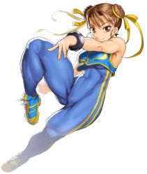 Rule 34 | 1990s (style), 1girl, bodysuit, bracelet, breasts, brown eyes, brown hair, capcom, chinese clothes, chun-li, crop top, full body, hair ribbon, jewelry, leg up, onsoku inu, retro artstyle, ribbon, short hair, simple background, skin tight, smile, solo, street fighter, street fighter zero (series), toned, white background