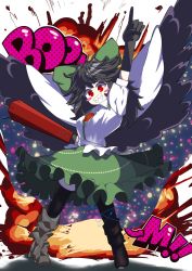 Rule 34 | 1girl, arm cannon, asymmetrical footwear, atom, bird wings, black hair, black wings, bow, cape, center frills, collared shirt, explosion, frilled shirt collar, frilled skirt, frills, green bow, green skirt, hair bow, highres, long hair, looking at viewer, messy hair, mismatched footwear, pointing, pointing up, polka dot, puffy short sleeves, puffy sleeves, red eyes, reiuji utsuho, rn (sbr2933090), sharp teeth, shirt, short sleeves, skirt, solo, sound effects, starry sky print, teeth, third eye, touhou, weapon, western comics (style), white background, white shirt, wings