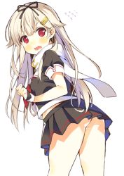 Rule 34 | 10s, 1girl, ass, bad id, bad twitter id, blush, fang, fingerless gloves, flying sweatdrops, gloves, hair flaps, hair ornament, hair ribbon, hairclip, kantai collection, long hair, looking at viewer, looking back, pleated skirt, red eyes, ribbon, scarf, school uniform, serafuku, shimeji (4 me ji), simple background, skirt, solo, wavy mouth, white background, yuudachi (kancolle), yuudachi kai ni (kancolle)