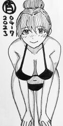 Rule 34 | 1girl, 2023, :&gt;, absurdres, alternate breast size, alternate hairstyle, bikini, blush, dated, hair bun, hands on own knees, highres, holi day las, long hair, looking at viewer, looking back, monochrome, neon genesis evangelion, smile, solo, souryuu asuka langley, swimsuit, traditional media, translation request, wide hips