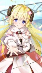 Rule 34 | 1girl, ahoge, animal ears, blonde hair, blurry, blurry background, commentary request, detached sleeves, fur-trimmed collar, fur-trimmed sleeves, fur trim, grin, hair ornament, highres, holding, holding microphone, hololive, horns, long hair, long sleeves, looking at viewer, microphone, outstretched arm, purple eyes, reaching, reaching towards viewer, sheep ears, sheep girl, sheep horns, smile, solo, tsunomaki watame, tsunomaki watame (1st costume), upper body, virtual youtuber, yuuzuki (re&#039;ef)