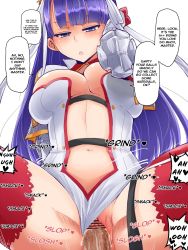 Rule 34 | 1girl, blush, breasts, censored, cleavage, clitoris, clothed sex, demekyon, english text, erection, fate/grand order, fate (series), girl on top, hair ornament, highres, large breasts, long hair, martha (fate), navel, penis, pov, purple eyes, purple hair, pussy, red thighhighs, sex, spread legs, thighhighs, thighs, vaginal