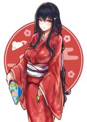 Rule 34 | 1girl, azuma (azur lane), azur lane, black hair, blush, breasts, closed mouth, commentary request, hair between eyes, hair ornament, hairclip, head tilt, highres, japanese clothes, kimono, large breasts, long hair, long sleeves, looking at viewer, obi, realman, red kimono, sash, sidelocks, smile, solo, standing, very long hair, wide sleeves, yellow eyes