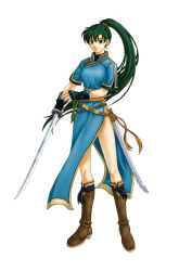 Rule 34 | 1girl, boots, china dress, chinese clothes, dress, female focus, fingerless gloves, fire emblem, fire emblem: the blazing blade, full body, gloves, green eyes, green hair, high ponytail, holding, holding sword, holding weapon, izuka daisuke, katana, long hair, looking at viewer, lyn (fire emblem), matching hair/eyes, nintendo, official art, ponytail, side slit, smile, solo, standing, sword, very long hair, wada sachiko, weapon, white background