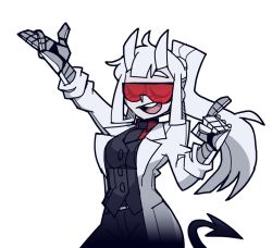 Rule 34 | 1girl, arm up, belt, black jacket, black necktie, black pants, breasts, buttons, closed eyes, coat, collared shirt, cowboy shot, demon girl, demon tail, female focus, formal, goggles, hair rings, hand up, happy, helltaker, horns, index finger raised, jacket, lab coat, long hair, long sleeves, loremaster (helltaker), mechanical arms, medium breasts, necktie, official art, open clothes, open coat, open mouth, outstretched arm, pants, pocket, ponytail, prosthesis, red-tinted eyewear, red-tinted glasses, red shirt, rimless eyewear, shirt, sidelocks, simple background, sleeves rolled up, smile, solo, standing, suit, sunglasses, tail, teeth, tinted eyewear, transparent background, vanripper, visor, white coat, white hair