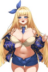 Rule 34 | 1girl, :d, absurdres, artist request, bare shoulders, between breasts, blonde hair, blue eyes, blue jacket, blue shorts, blush, breasts, camisole, cleavage, commission, cowboy shot, crop top, detached collar, fang, hair ribbon, highres, huge breasts, jacket, long hair, long sleeves, looking at viewer, midriff, navel, necktie, necktie between breasts, nose blush, off shoulder, open clothes, open fly, open jacket, open mouth, original, ribbon, second-party source, shirt, short shorts, shorts, sleeveless, sleeveless shirt, smile, solo, spaghetti strap, standing, stomach, strap slip, thigh gap, thighs, very long hair, yellow shirt