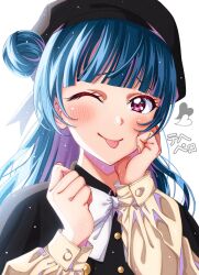 Rule 34 | 1girl, ;p, beret, black capelet, blue hair, blunt bangs, blush, bow, bowtie, capelet, commentary request, hair bun, hat, heart, highres, long hair, long sleeves, looking at viewer, love live!, love live! sunshine!!, ojyomu, one eye closed, purple eyes, simple background, single hair bun, single side bun, smile, solo, tongue, tongue out, translation request, tsushima yoshiko, upper body, white background, white bow, white bowtie