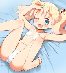 Rule 34 | 10s, 1girl, 9law, ;d, alice cartelet, barefoot, bikini, blonde hair, blue eyes, blush, cleft of venus, hair ornament, hair stick, kin-iro mosaic, lying, on back, one eye closed, open mouth, smile, solo, swimsuit, twintails, white bikini