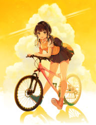 Rule 34 | 1girl, asymmetrical footwear, backpack, bag, bare legs, bicycle, black skirt, breasts, brown eyes, brown hair, clothes lift, cloud, full body, leaning forward, long hair, looking at viewer, low twintails, medium breasts, miniskirt, mismatched footwear, open mouth, original, reflection, school uniform, shirt, shoes, short sleeves, skirt, smile, solo, sweater vest, thighs, tokkyu, twintails, white shirt, wing collar, yellow background, yellow theme