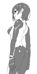 Rule 34 | 1girl, arms at sides, ass, bare back, breasts, closed mouth, commentary request, cowboy shot, from behind, frown, greyscale, highres, hololive, joints, looking ahead, magari (c0rn3r), mechanical arms, mechanical parts, medium breasts, monochrome, nude, profile, roboco-san, robot joints, short hair, solo, standing, virtual youtuber