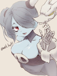 Rule 34 | 1girl, blue hair, blue skin, breasts, cleavage, colored skin, covered navel, cowboy shot, dress, exposed bone, from above, hair over one eye, highres, large breasts, leviathan (skullgirls), mtk hoshi, red eyes, skullgirls, squigly (skullgirls), stitched mouth, stitches, yellow background, yellow eyes, zombie
