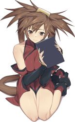 Rule 34 | 1girl, bare shoulders, book, boots, breasts, brown eyes, brown hair, china dress, chinese clothes, closed mouth, commentary, detached sleeves, dress, full body, guilty gear, hair ornament, high heel boots, high heels, highres, holding, holding book, kneeling, kuma (jk0073), kuradoberi jam, long hair, looking at viewer, medium breasts, solo, symbol-only commentary, thighs, very long hair
