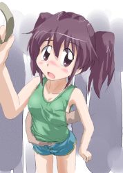 Rule 34 | 00s, 1girl, asou natsumi, blush, breasts, brown eyes, brown hair, chikan, clothes lift, embarrassed, grabbing, grabbing another&#039;s breast, hand grip, hand under clothes, hand under shirt, molestation, no bra, purple hair, shirt, shirt lift, short shorts, shorts, sketchbook full colors, small breasts, solo focus, standing, tanada-bon, tank top, train, train interior, twintails