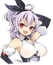 Rule 34 | 1girl, azur lane, black gloves, breasts, elbow gloves, gloves, hair between eyes, hairband, kent (azur lane), large breasts, long hair, looking at viewer, medium breasts, mota, open mouth, purple hair, red eyes, simple background, sleeveless, smile, solo, white background