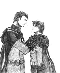 Rule 34 | 2boys, batman, batman (series), belt, bruce wayne, cape, dc comics, dick grayson, eye contact, family, father and son, gloves, looking at another, male focus, mask, monochrome, multiple boys, pixiv sample, resized, sketch, superhero costume