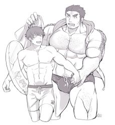 Rule 34 | 2boys, abs, alternate costume, bara, bare pectorals, bulge, chest hair, couple, cropped legs, cross scar, facial hair, greyscale, harada (basashi), houzouin oniwaka, innertube, jacket, large pectorals, leg hair, long sideburns, male focus, male swimwear, mature male, monochrome, multiple boys, muscular, muscular male, navel, nipples, open clothes, open jacket, pectorals, protagonist 4 (housamo), scar, scar on face, scar on forehead, short hair, sideburns, smile, stomach, stubble, swim briefs, swim ring, swim trunks, thick eyebrows, thick thighs, thighs, tokyo houkago summoners, toned, toned male, yaoi