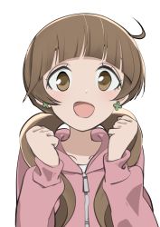 Rule 34 | 1girl, blunt bangs, brown hair, clenched hand, clover earrings, earrings, hands up, highres, hood, hoodie, houkago saikoro club, jewelry, long hair, long sleeves, looking at viewer, low twintails, open mouth, pettan, pink hoodie, smile, solo, takayashiki aya, twintails, upper body, zipper