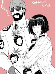 1boy 1girl beanie beard black_choker black_hair black_shorts blazer bob_cut boiled_(sakamoto_days) choker cigarette copyright_name crop_top crossed_arms explosive facial_hair from_side glasses grenade hand_in_pocket hat hawaiian_shirt hazu_(schiro000) highres jacket long_sleeves looking_to_the_side mature_female mature_male obiguro_(sakamoto_days) pink_background sakamoto_days scar scar_on_face shirt short_hair short_sleeves shorts smile smoke smoke_trail smoking strapless sunglasses unworn_eyewear